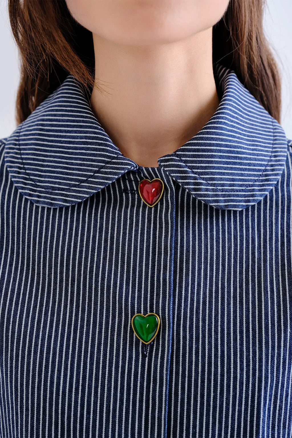 Compania Fantastica Navy Blue Striped Cropped Jacket 63C/11012, collar and heart button detail