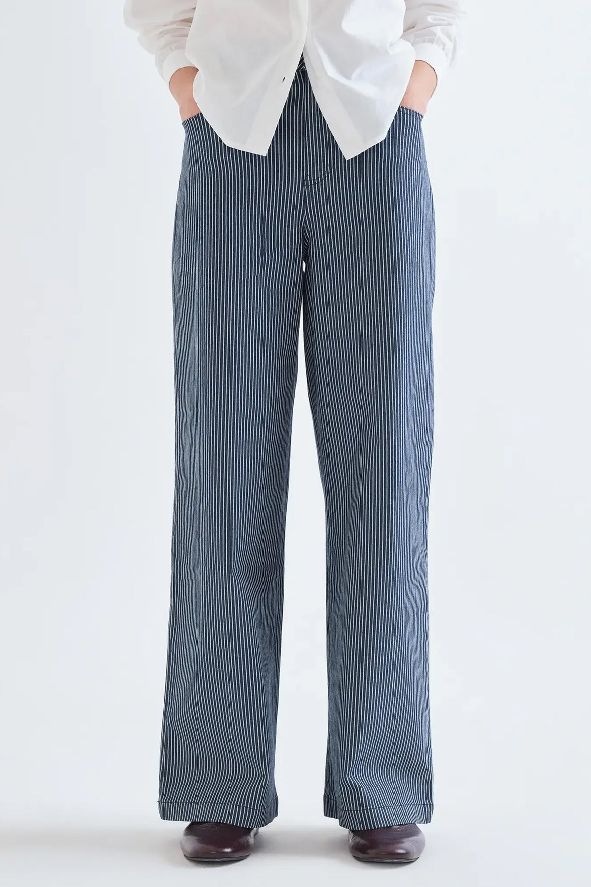 Compania Fantastica Navy Blue Striped Wide Leg Jeans 63C/11013, front view