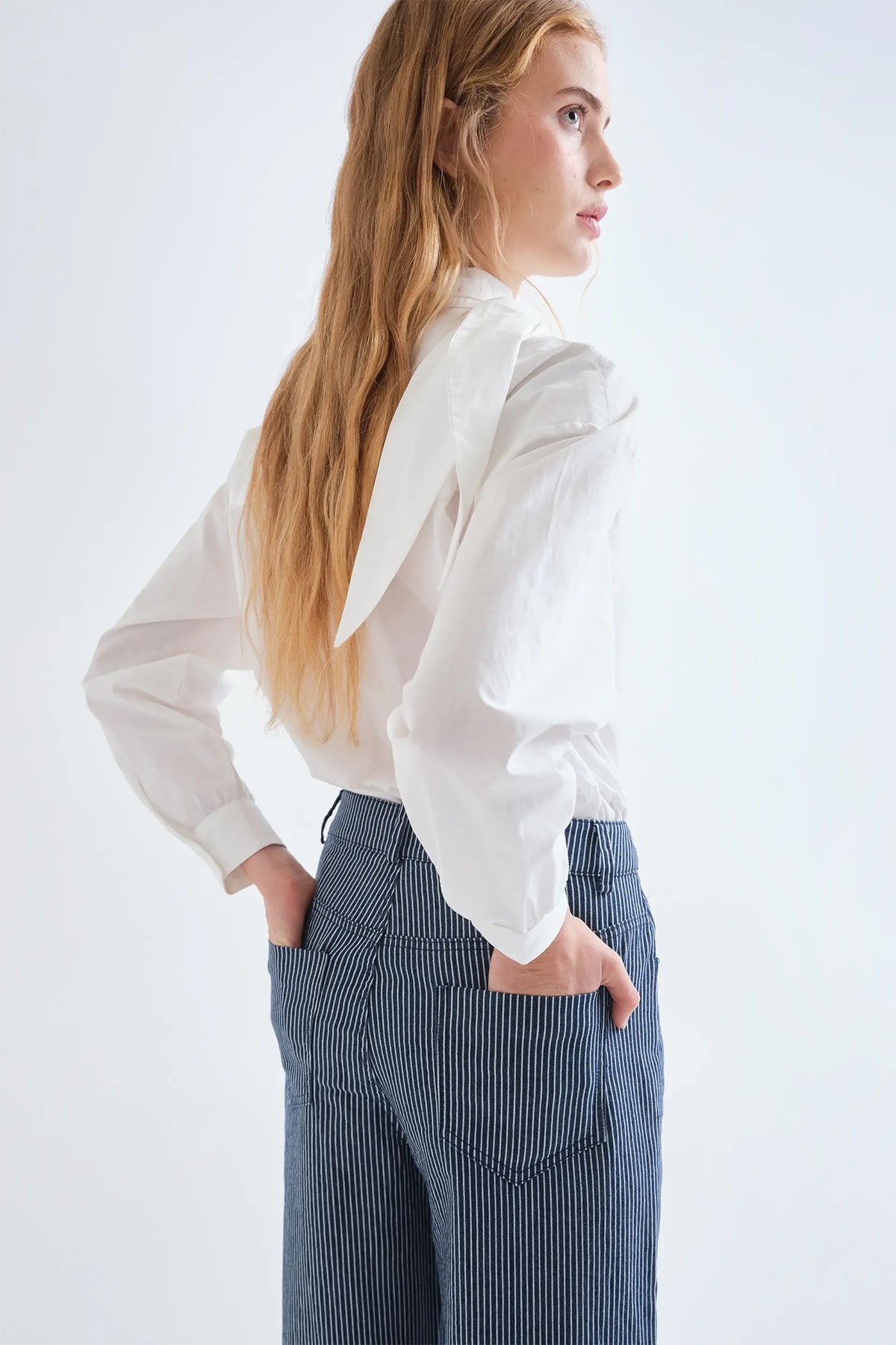 Compania Fantastica Navy Blue Striped Wide Leg Jeans 63C/11013, back pocket detail