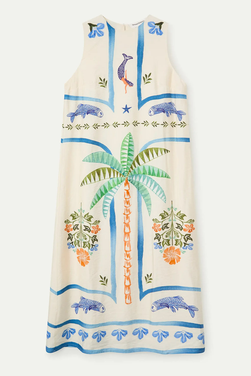 Beige dress with colorful palm tree and animal designs on a white background
