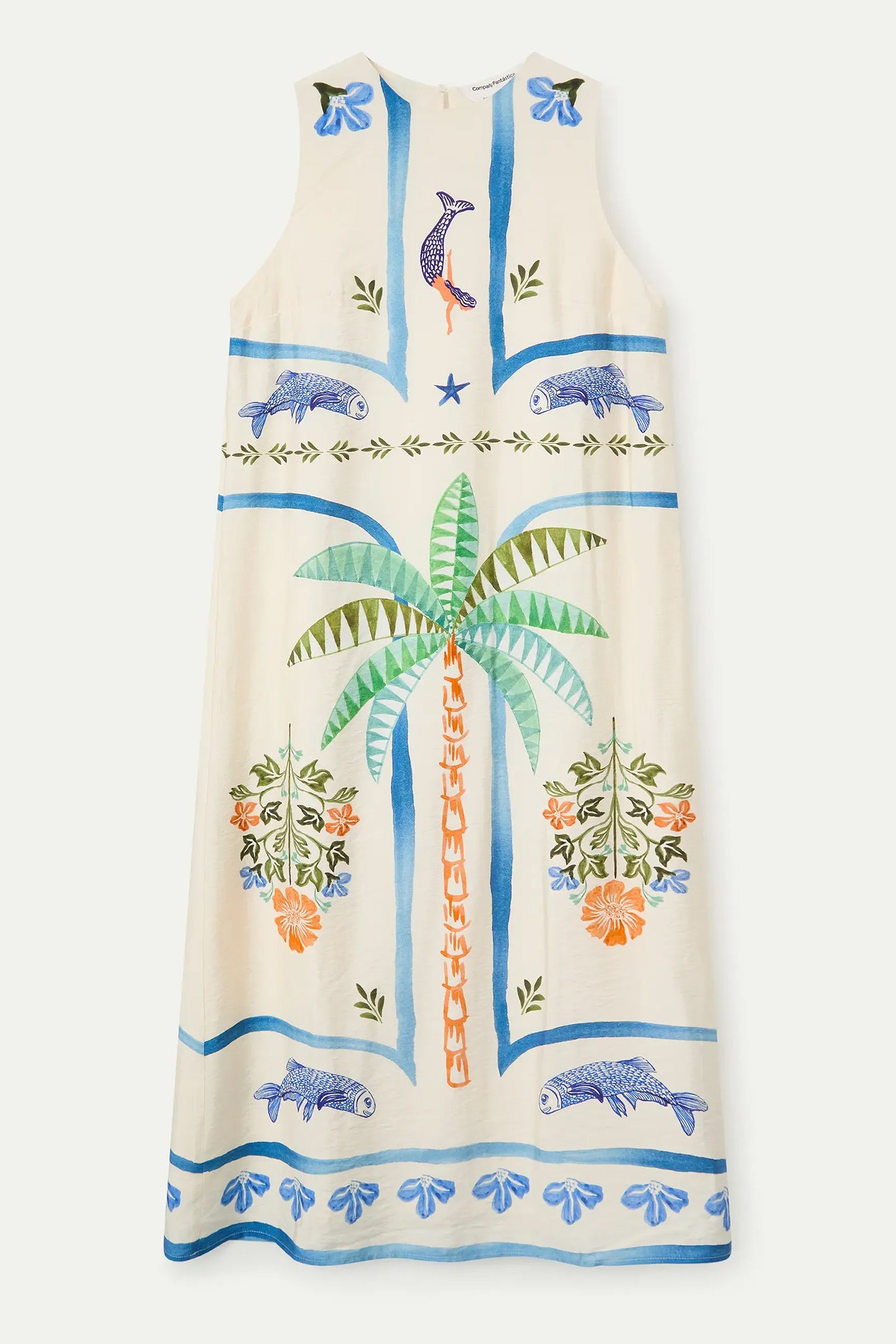 Beige dress with colorful palm tree and animal designs on a white background