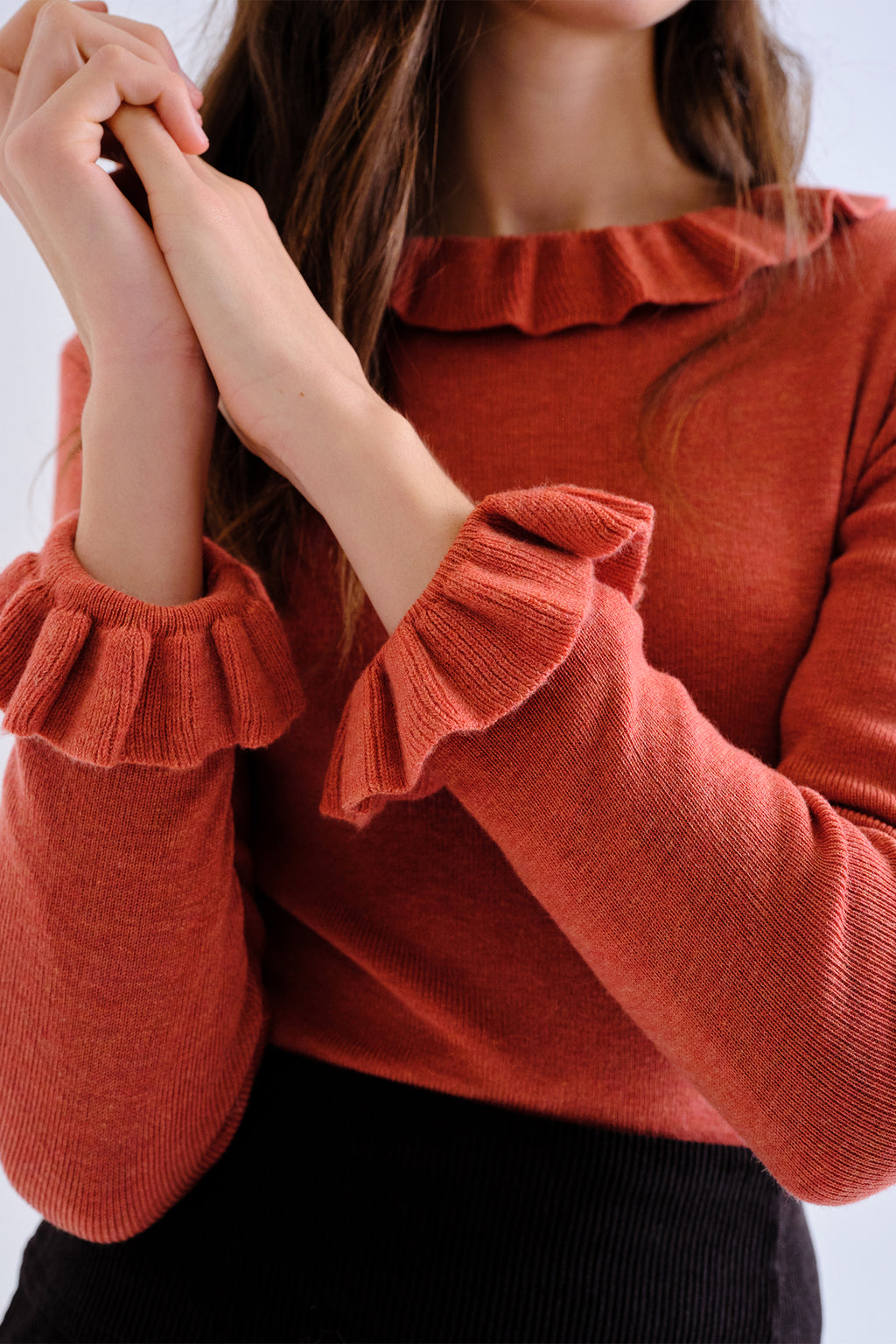 Compania Fantastica Rust Orange Frill Neck Knit Top 63C/10304, frill collar and cuff detail
