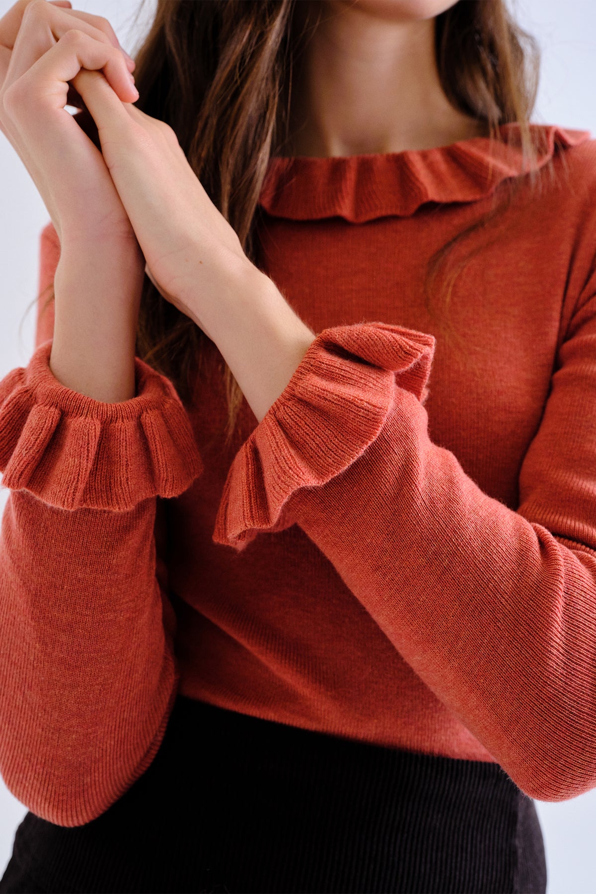 Compania Fantastica Rust Orange Frill Neck Knit Top 63C/10304, frill collar and cuff detail