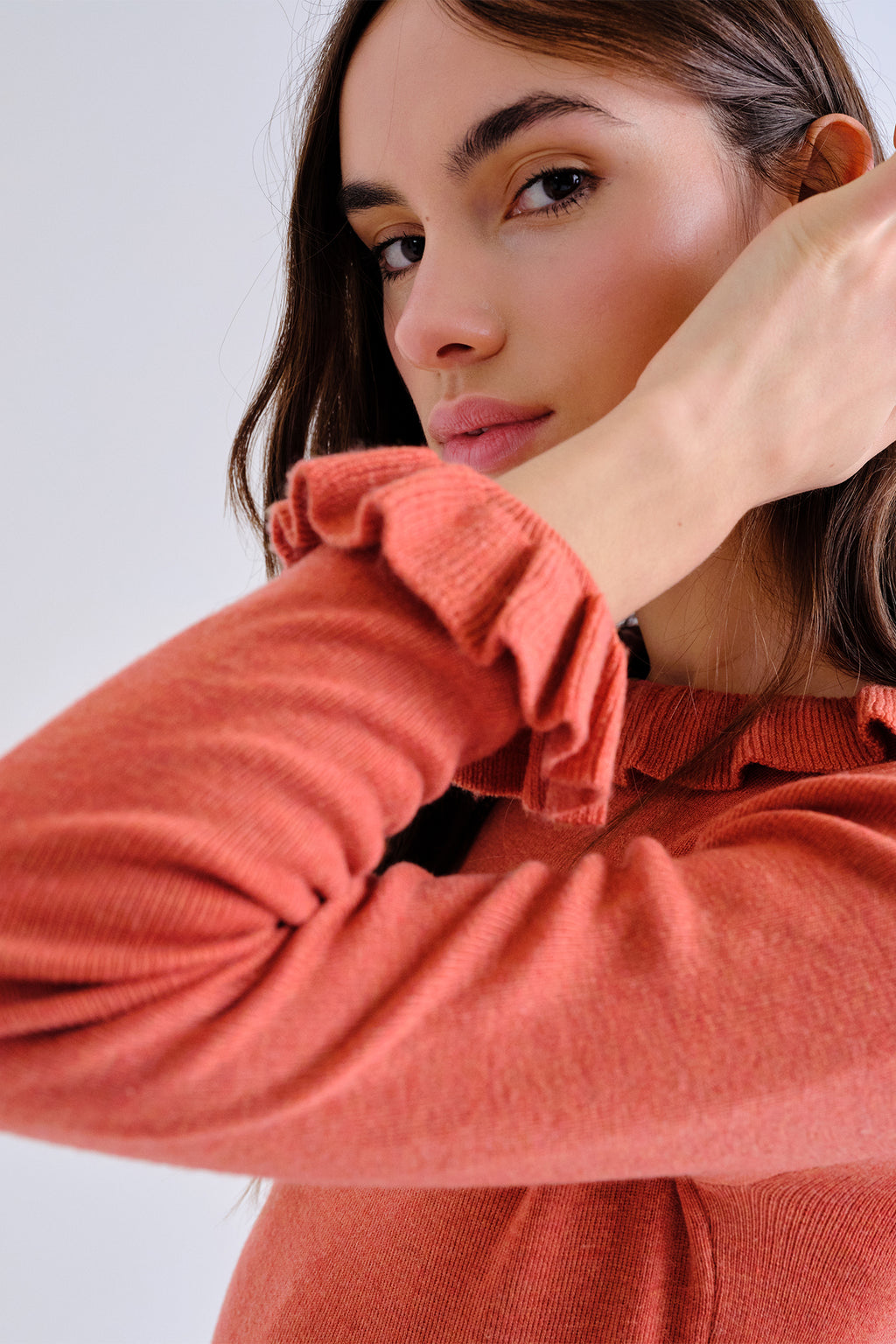 Compania Fantastica Rust Orange Frill Neck Knit Top 63C/10304, close detail of the frilled sleeve