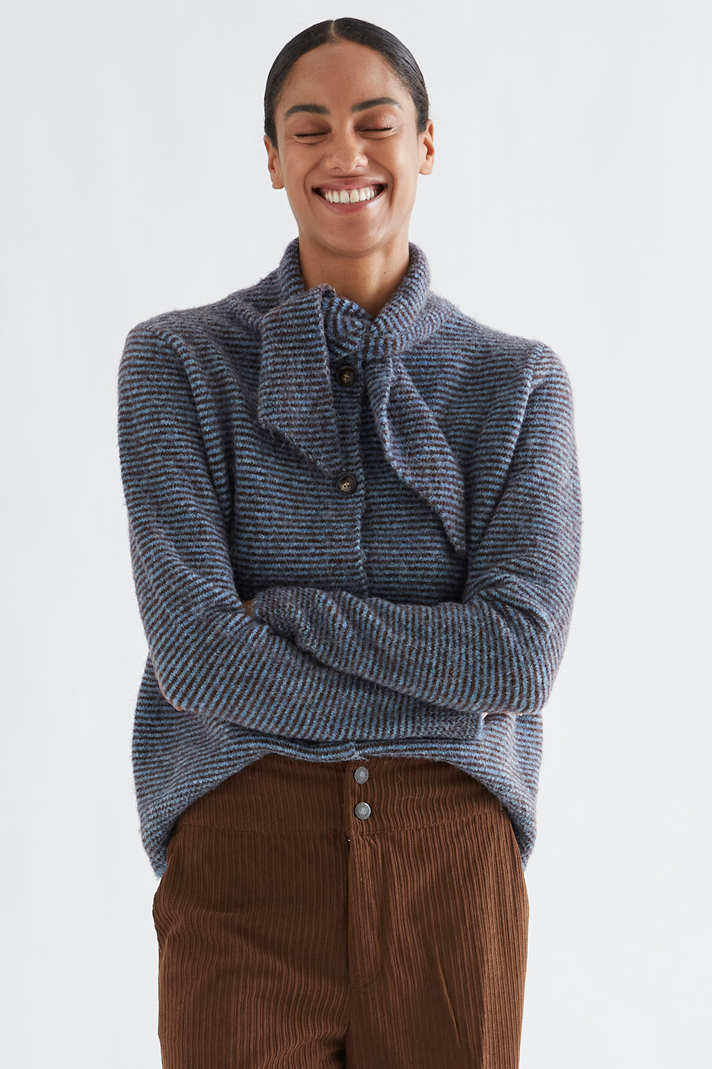 Compania Fantastica Stripes Blue Tie Neck Knit Cardigan 64C/10262, worn with brown corduroy trousers