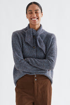 Compania Fantastica Stripes Blue Tie Neck Knit Cardigan 64C/10262, worn with brown corduroy trousers