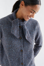 Compania Fantastica Stripes Blue Tie Neck Knit Cardigan 64C/10262, tie collar and button detail