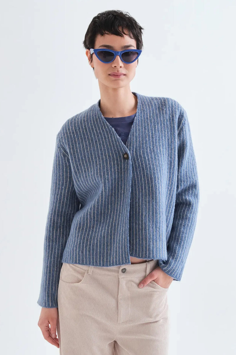 Compania Fantastica Stripes Blue V-Neck Knit Cardigan 63C/10245, front view
