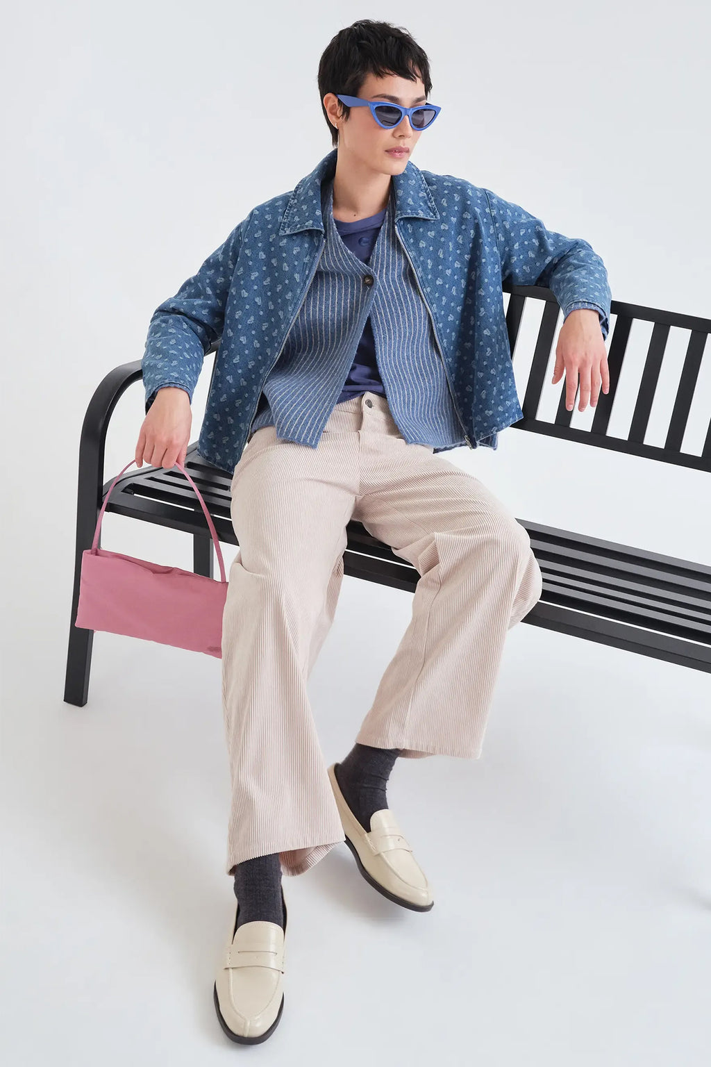 Compania Fantastica Stripes Blue V-Neck Knit Cardigan 63C/10245, styled seated