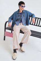 Compania Fantastica Stripes Blue V-Neck Knit Cardigan 63C/10245, styled seated