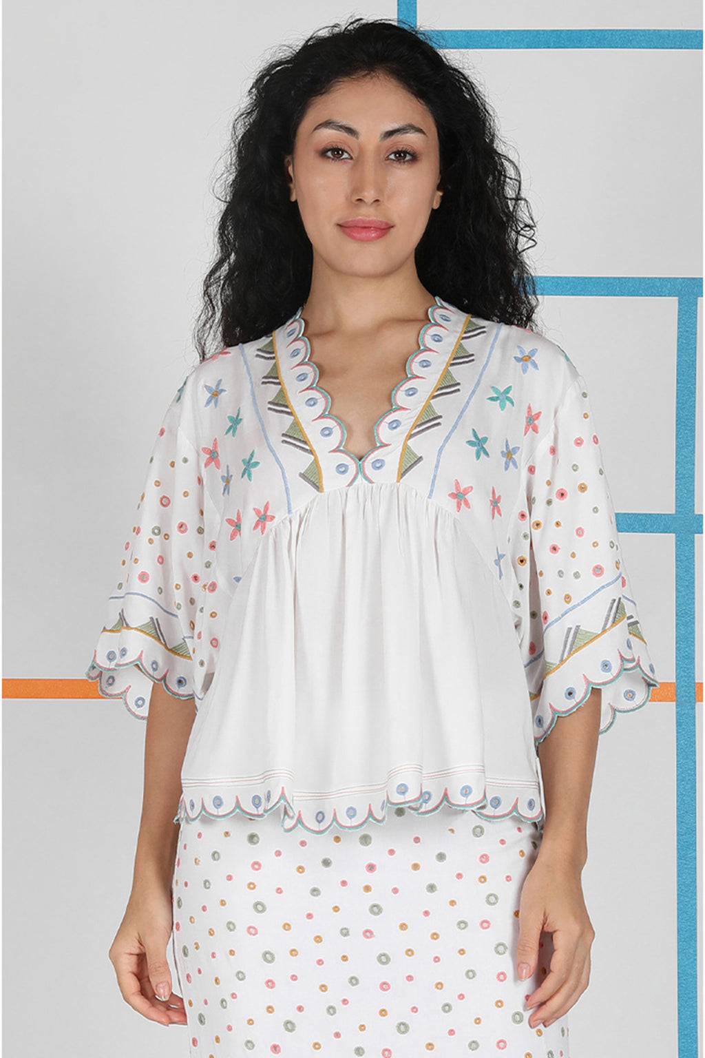 Conditions Apply Jovina White V-Neck Embroidered Top CA39186