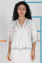 Conditions Apply Jovina White V-Neck Embroidered Top CA39186