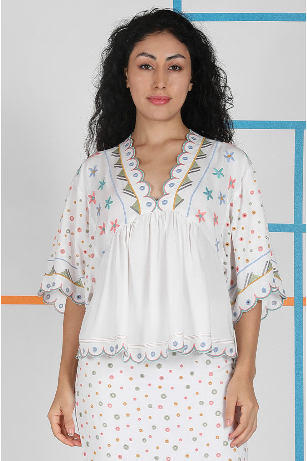 Conditions Apply Jovina White V-Neck Embroidered Top CA39186