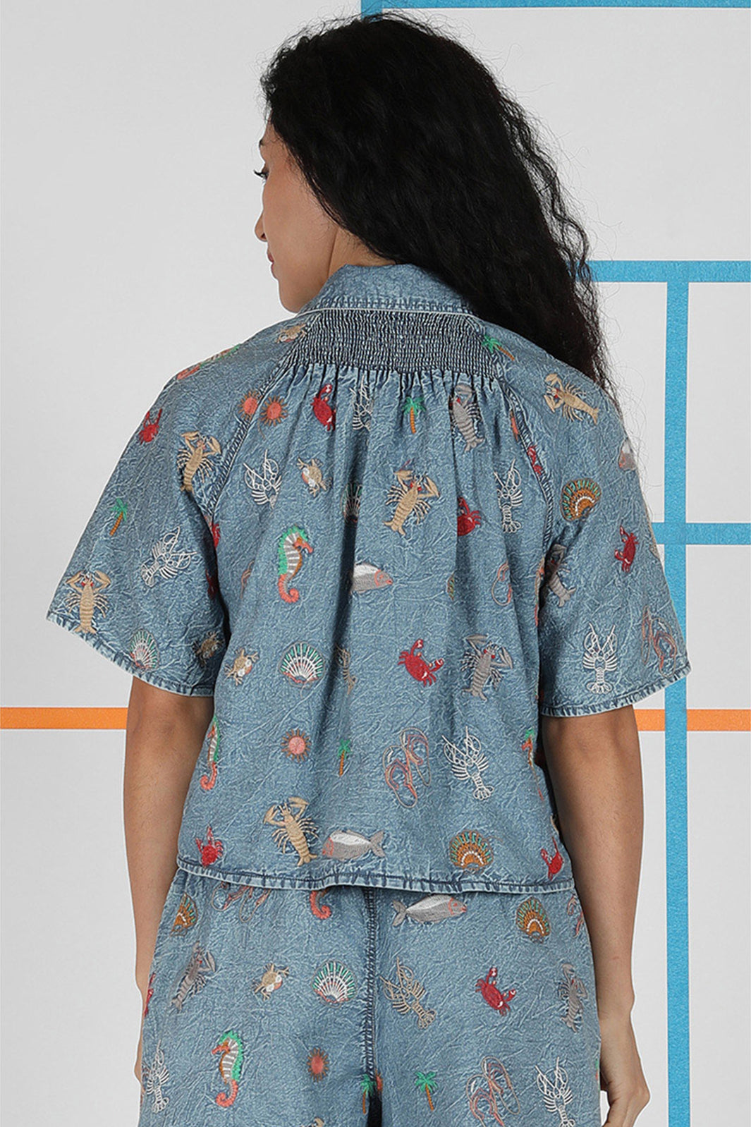 Conditions Apply Rozely Blue Denim Embroidered Short Sleeve Shirt CA39214