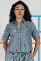 Conditions Apply Rozely Blue Denim Embroidered Short Sleeve Shirt CA39214