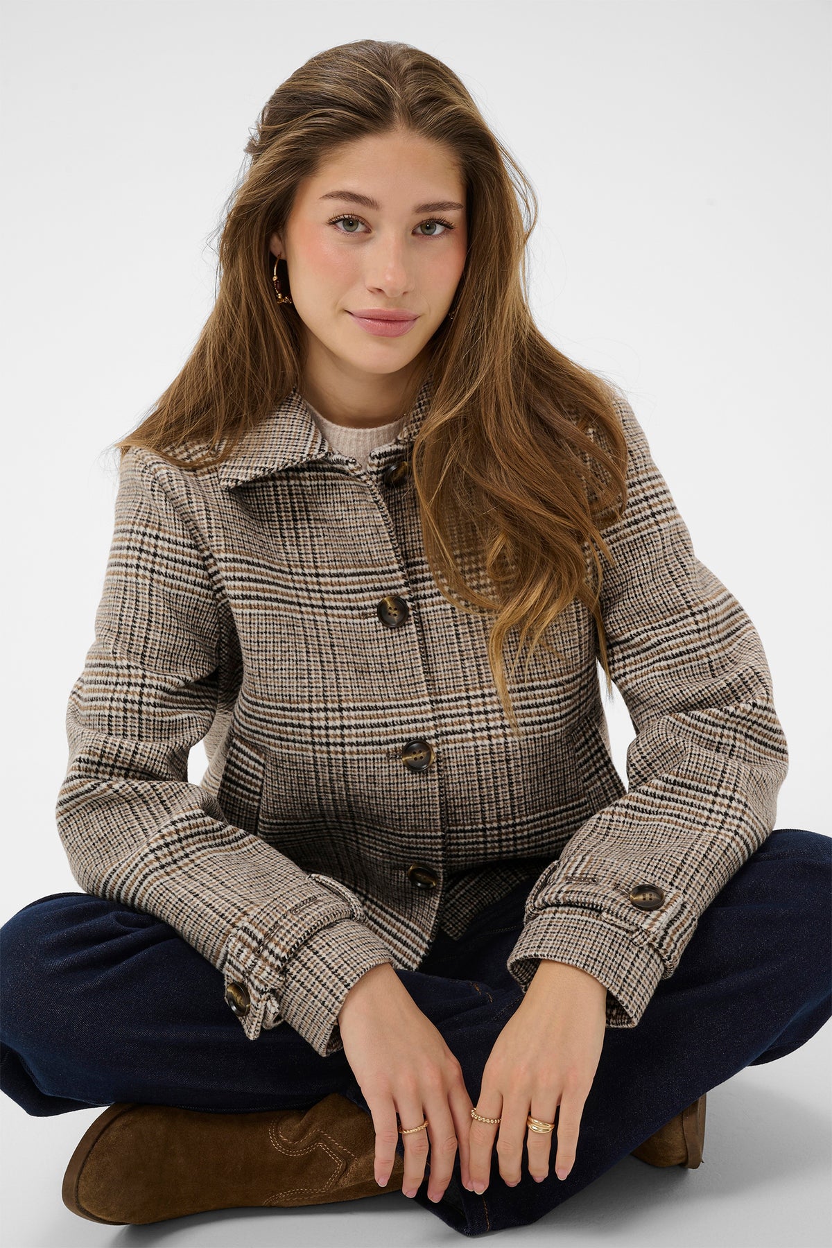 Cream CRGeorg grey check short coat at OSO Boutique