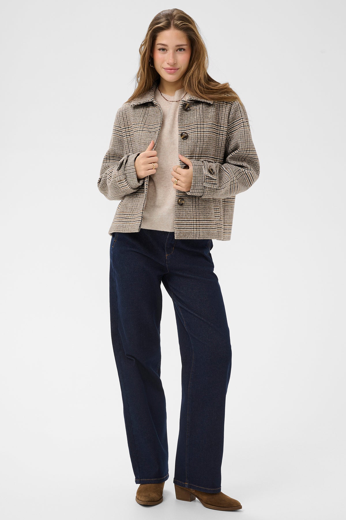 Cream CRGeorg grey check short coat at OSO Boutique