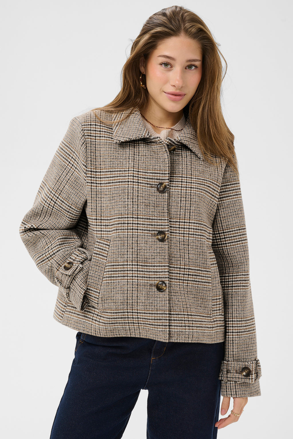 Cream CRGeorg grey check short coat at OSO Boutique