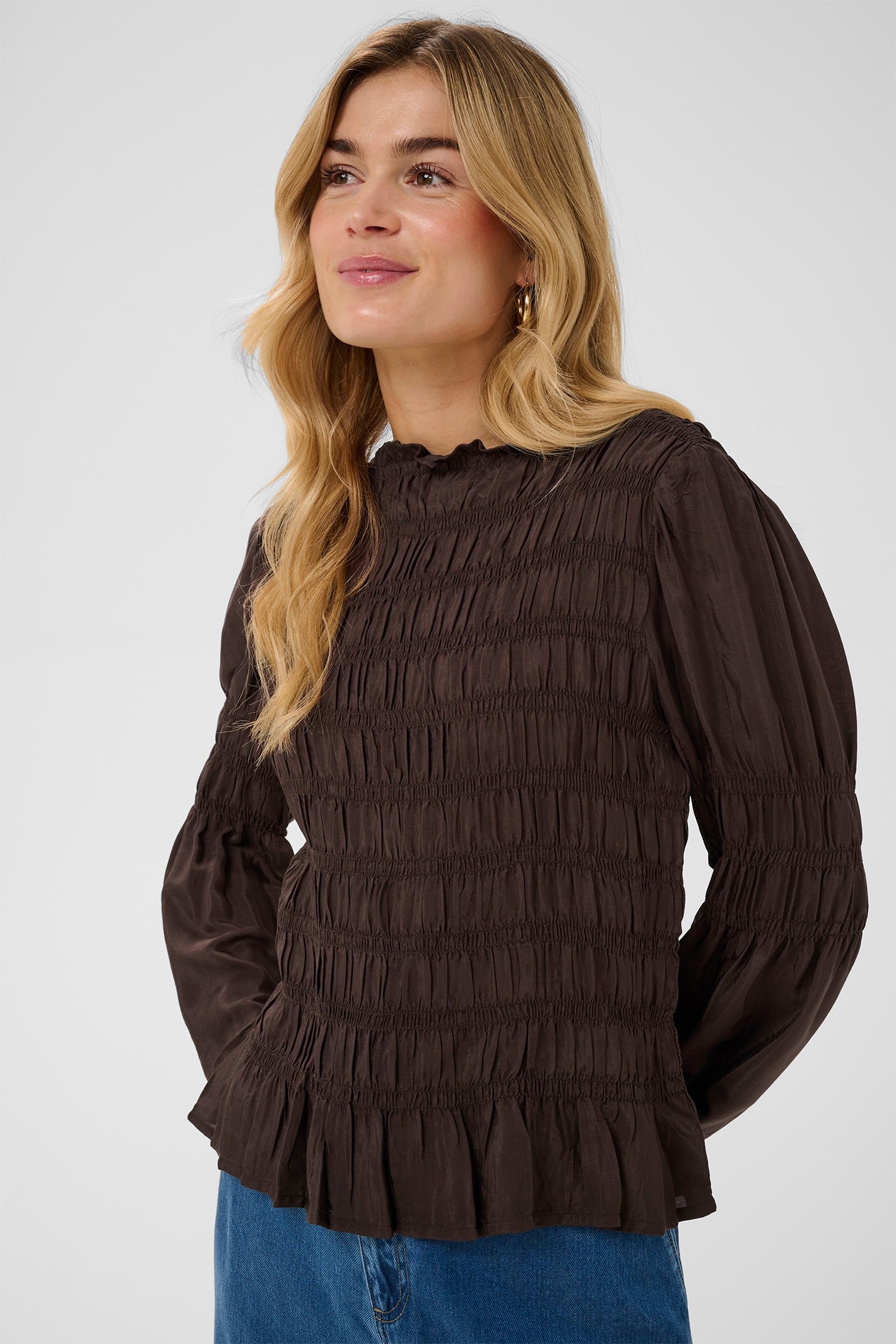 Cream CRHenva java brown gathered blouse at OSO Boutique
