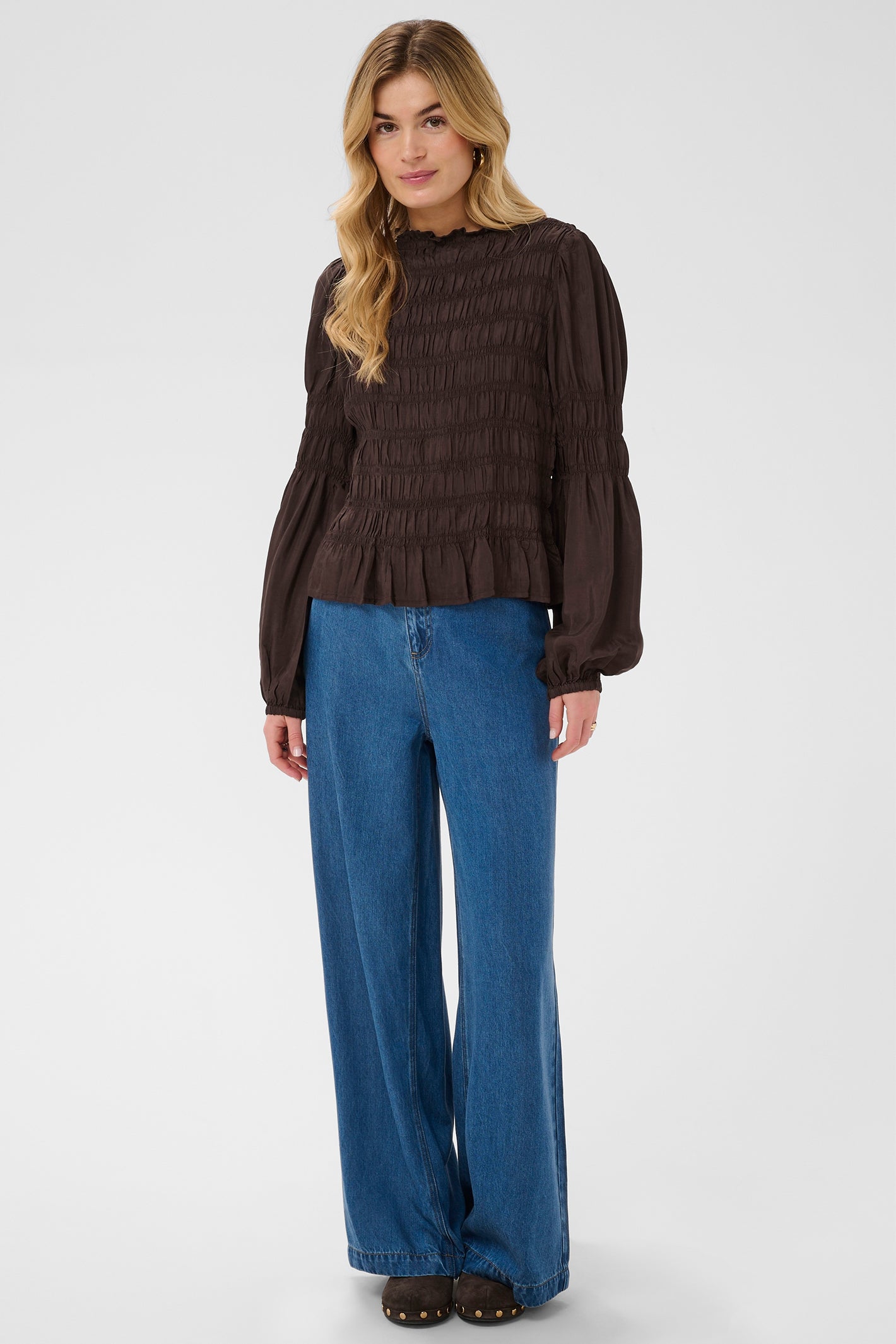 Cream CRHenva java brown gathered blouse at OSO Boutique