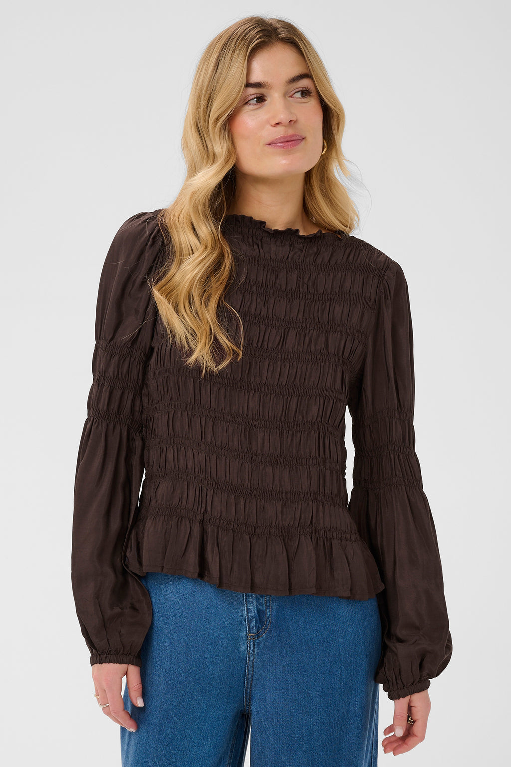 Cream CRHenva java brown gathered blouse at OSO Boutique