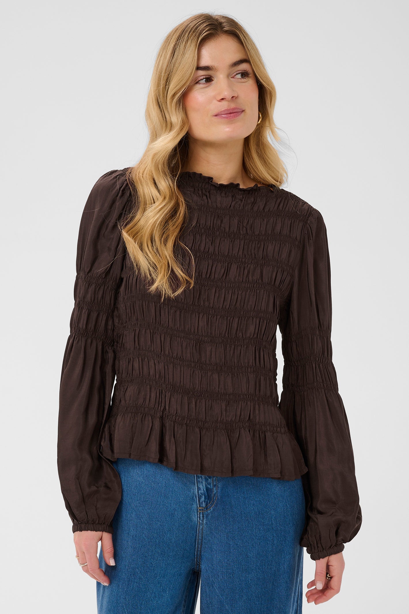 Cream CRHenva java brown gathered blouse at OSO Boutique