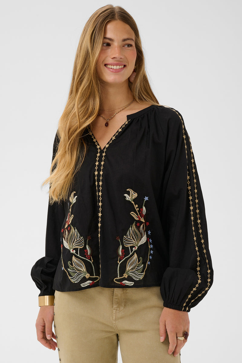 Cream CRReno pitch black embroidered blouse at OSO Boutique