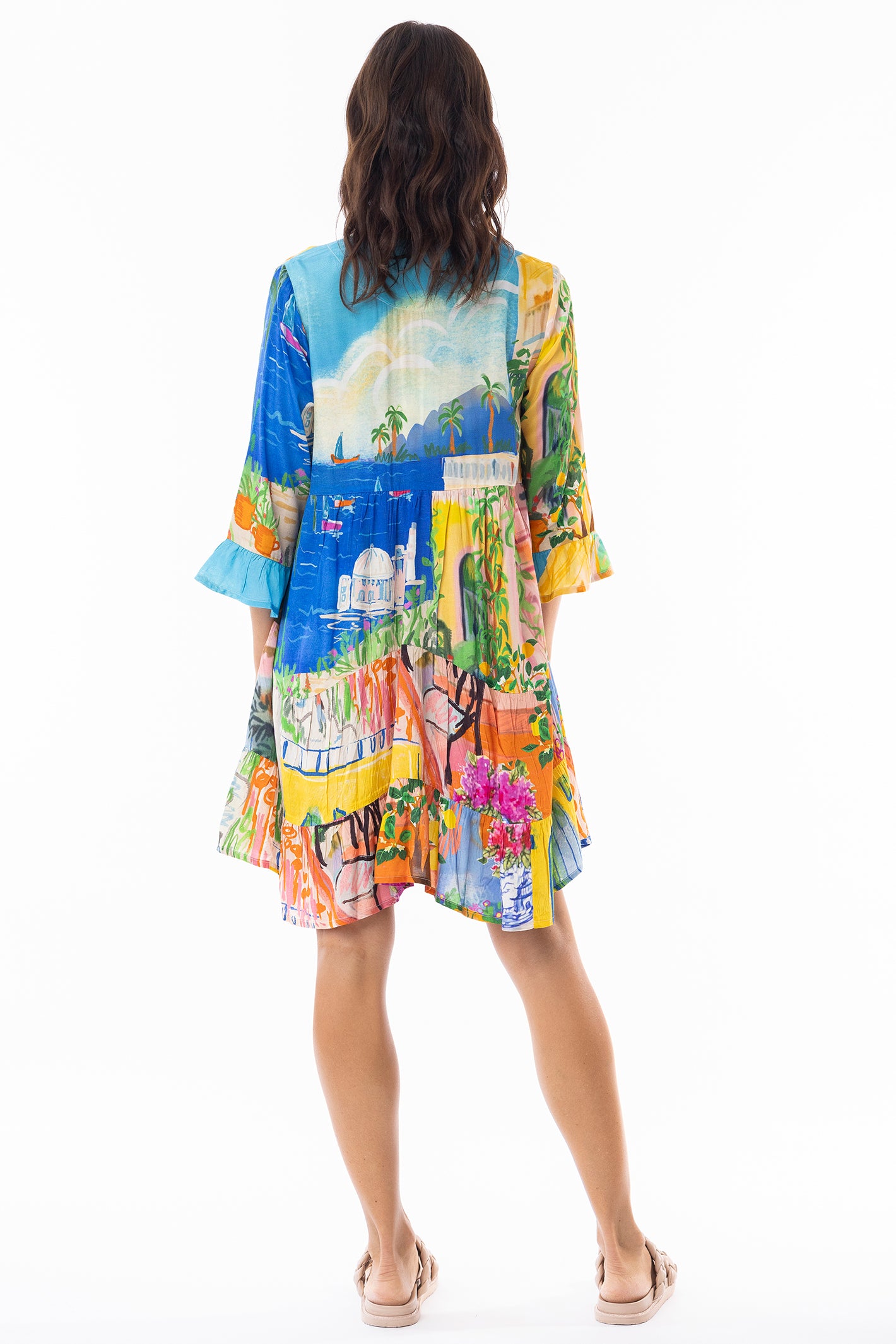 Escape 30157 Sardinia Layered Frill Sleeve Print Dress
