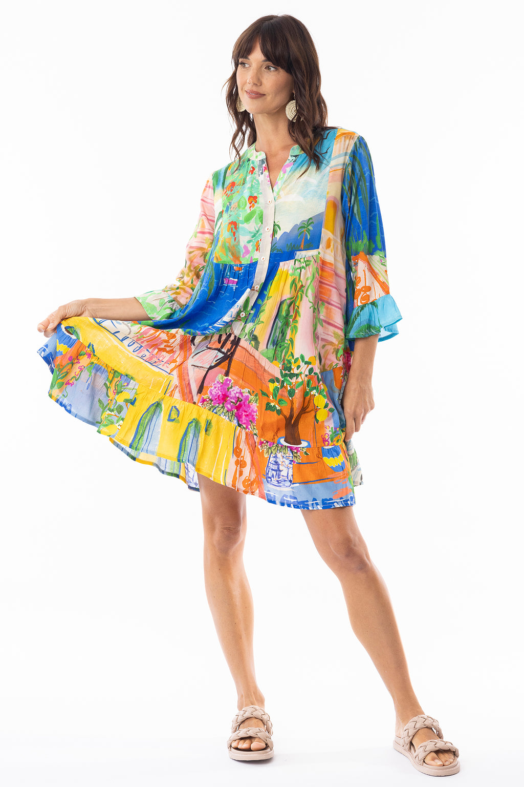 Escape 30157 Sardinia Layered Frill Sleeve Print Dress