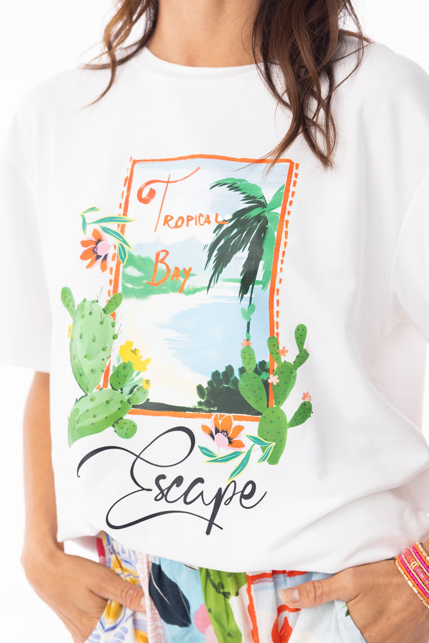 Escape 62751 White Tropical Bay Motif T-Shirt