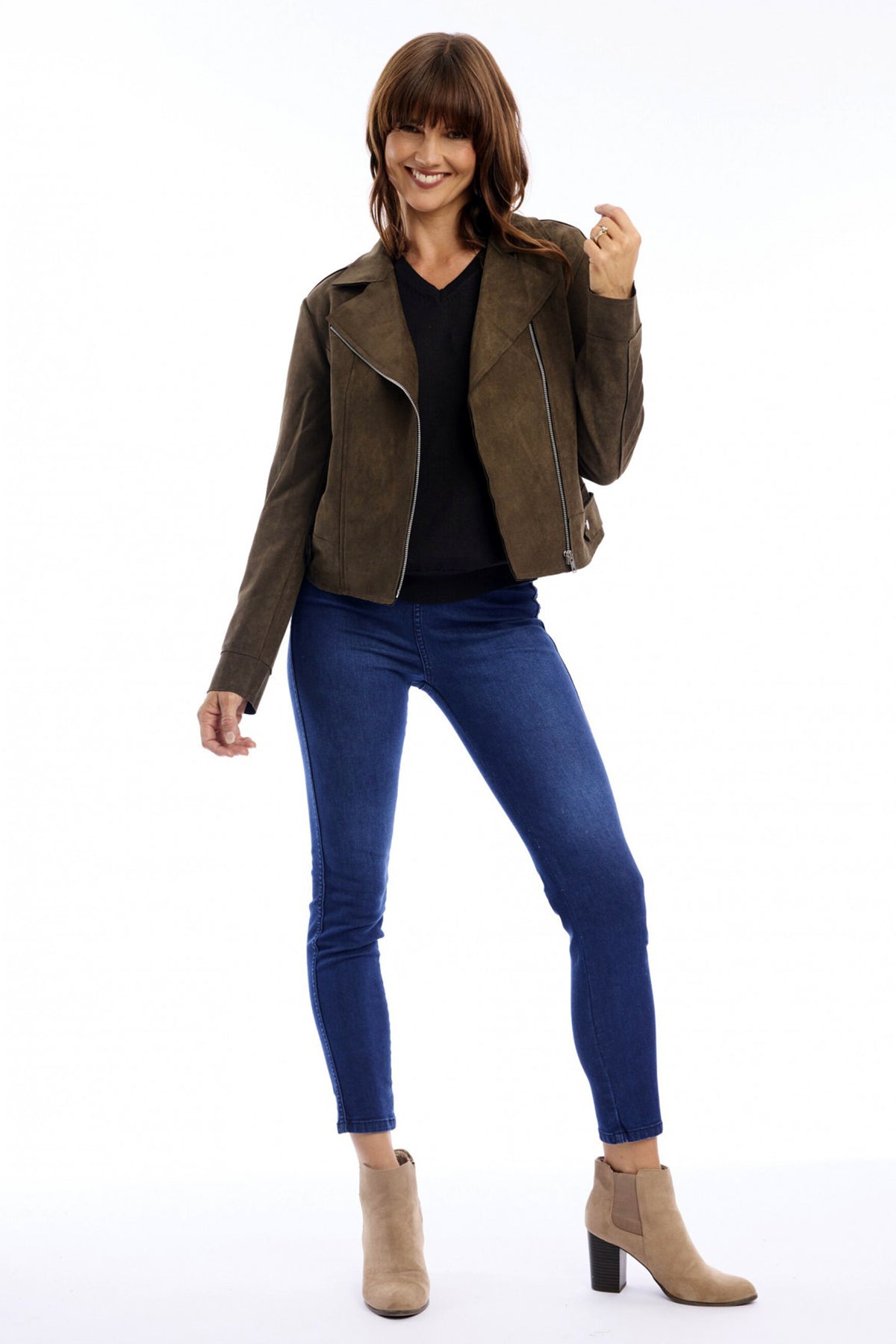 Escape Olive Green Biker Jacket 82241, front full length