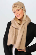 Fraas Camel Beige Knitted Scarf 667062-180, worn by model full length