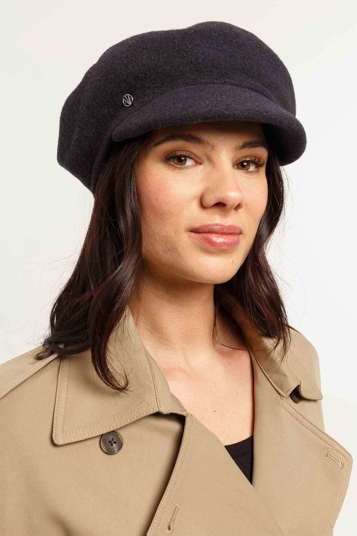 Fraas Dark Navy Wool Baker Boy Cap 679008-570, worn by model