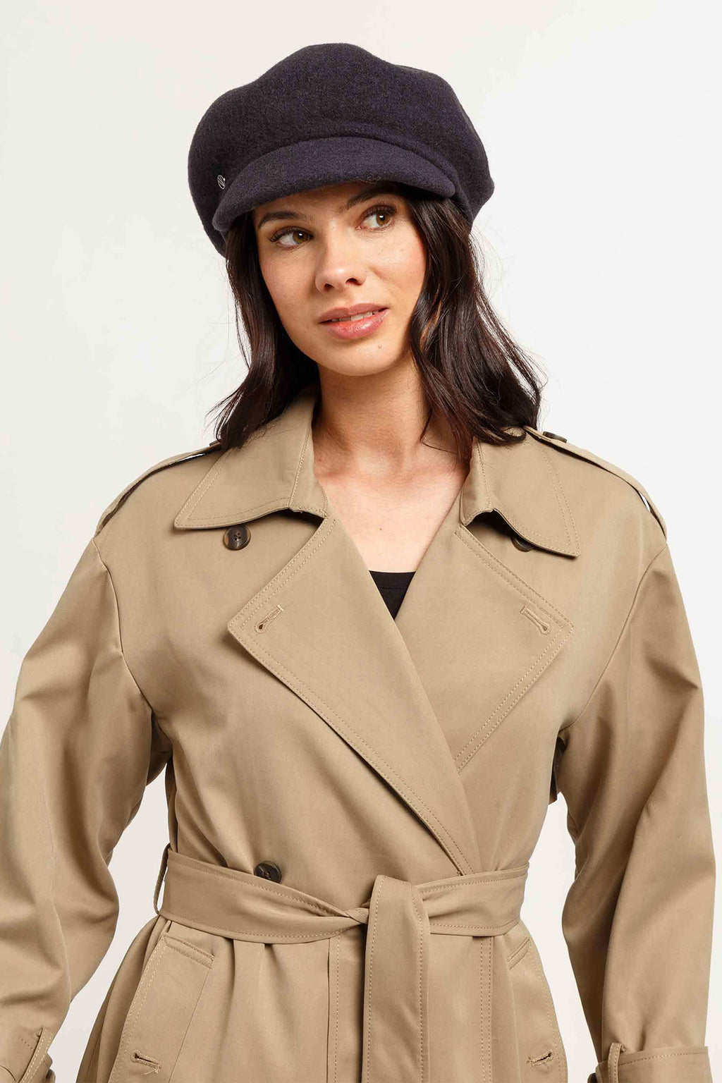 Fraas Dark Navy Wool Baker Boy Cap 679008-570, worn by model full length