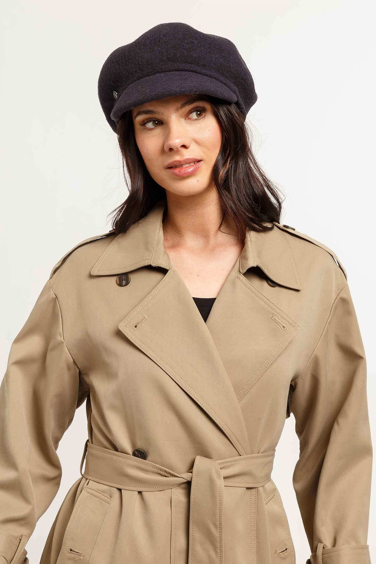 Fraas Dark Navy Wool Baker Boy Cap 679008-570, worn by model full length