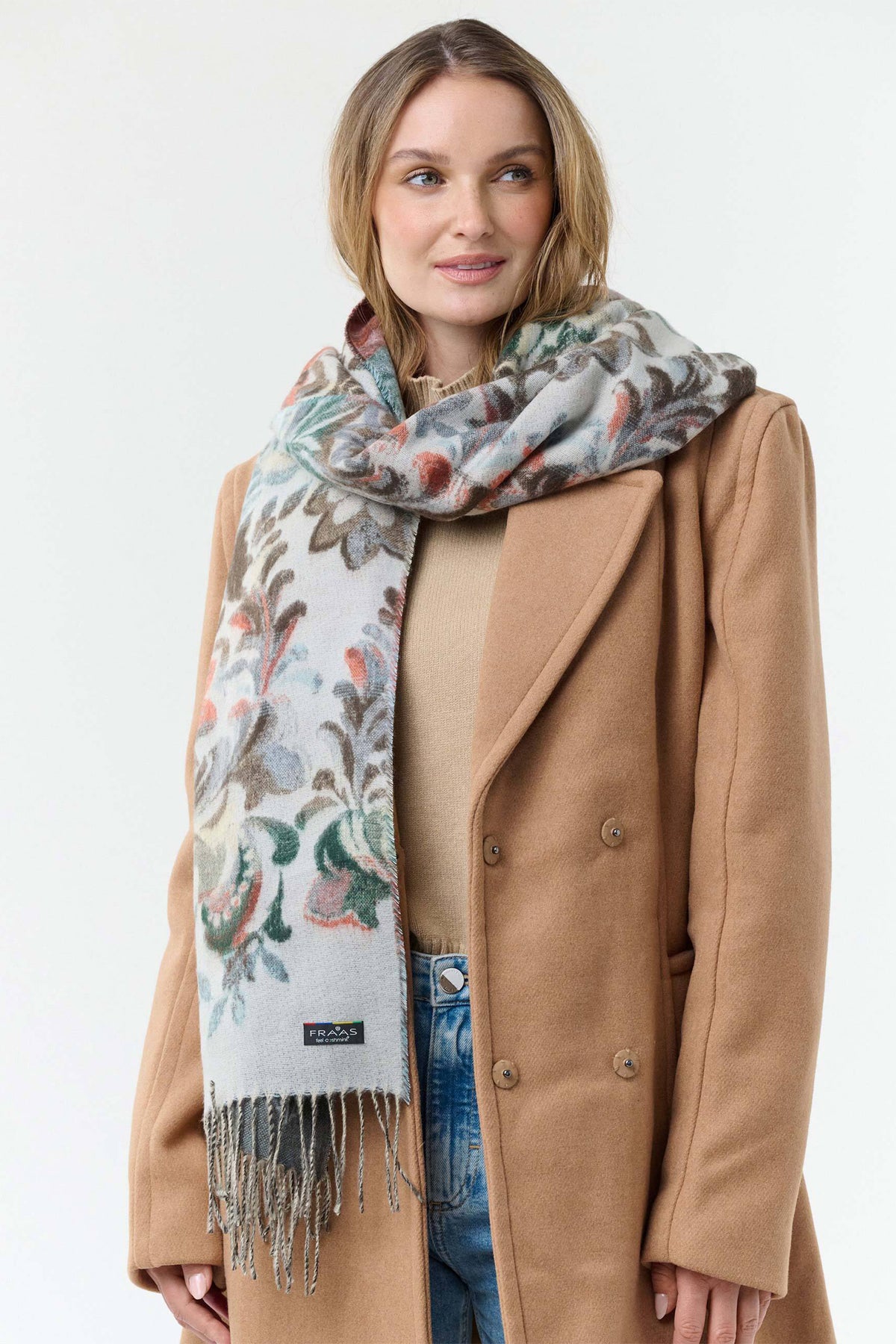 Fraas Zen Blue Floral Scarf 620015-501, worn by model