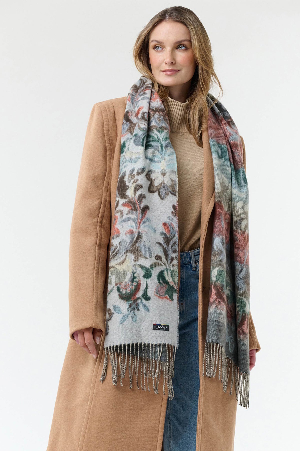 Fraas Zen Blue Floral Scarf 620015-501, worn by model full length