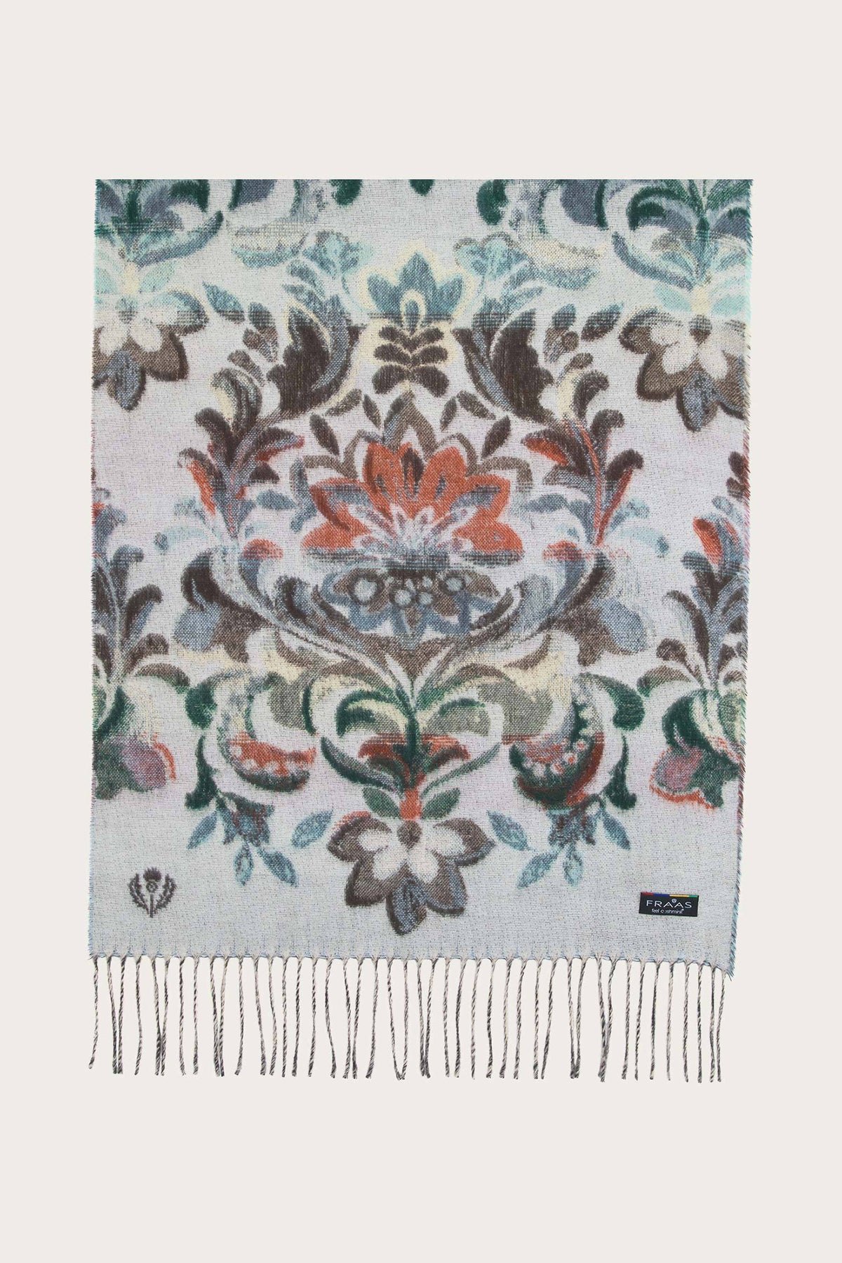Fraas Zen Blue Floral Scarf 620015-501, flat view showing full print
