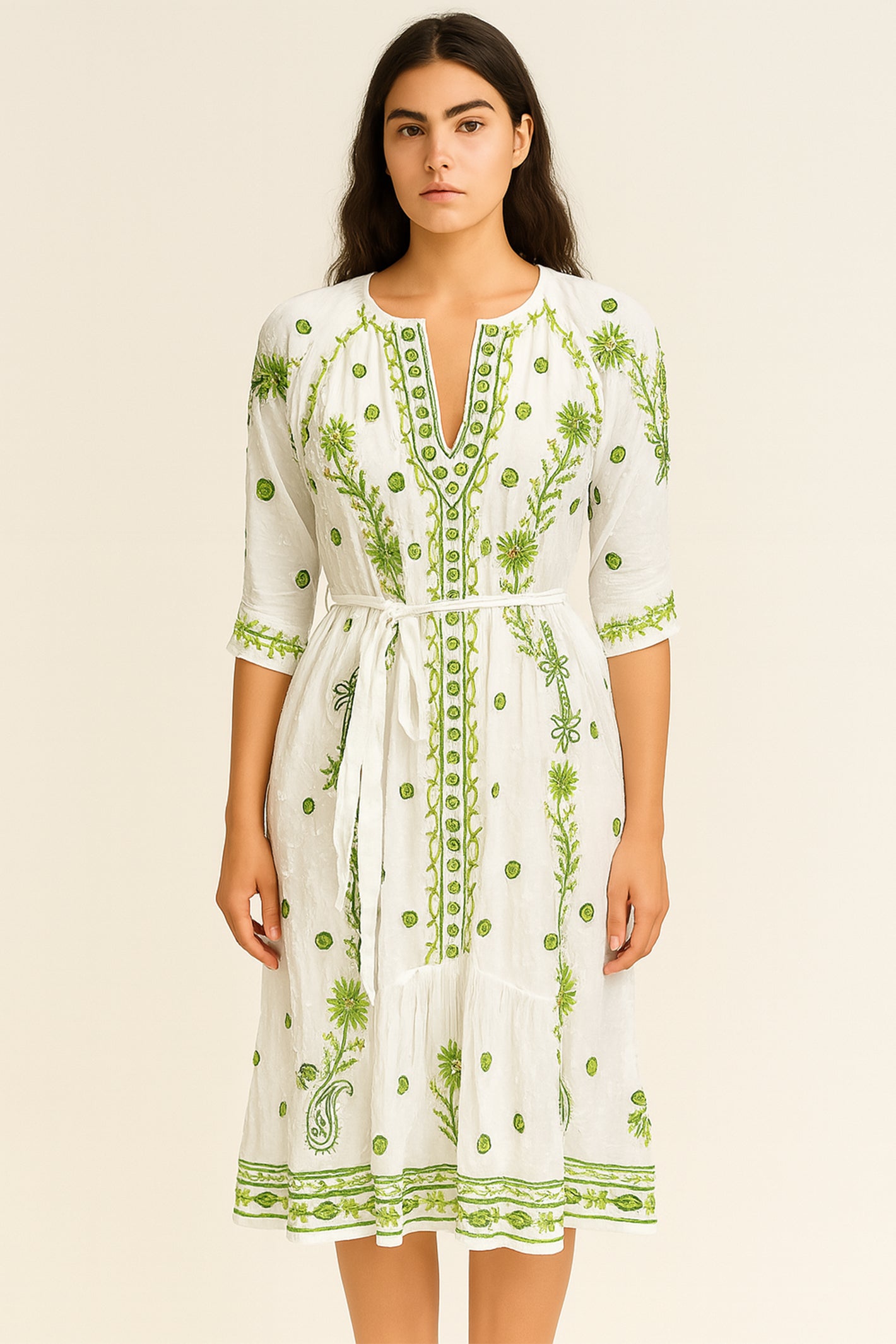 Handprint Dream Apparel Grace White Green Dress NE7135