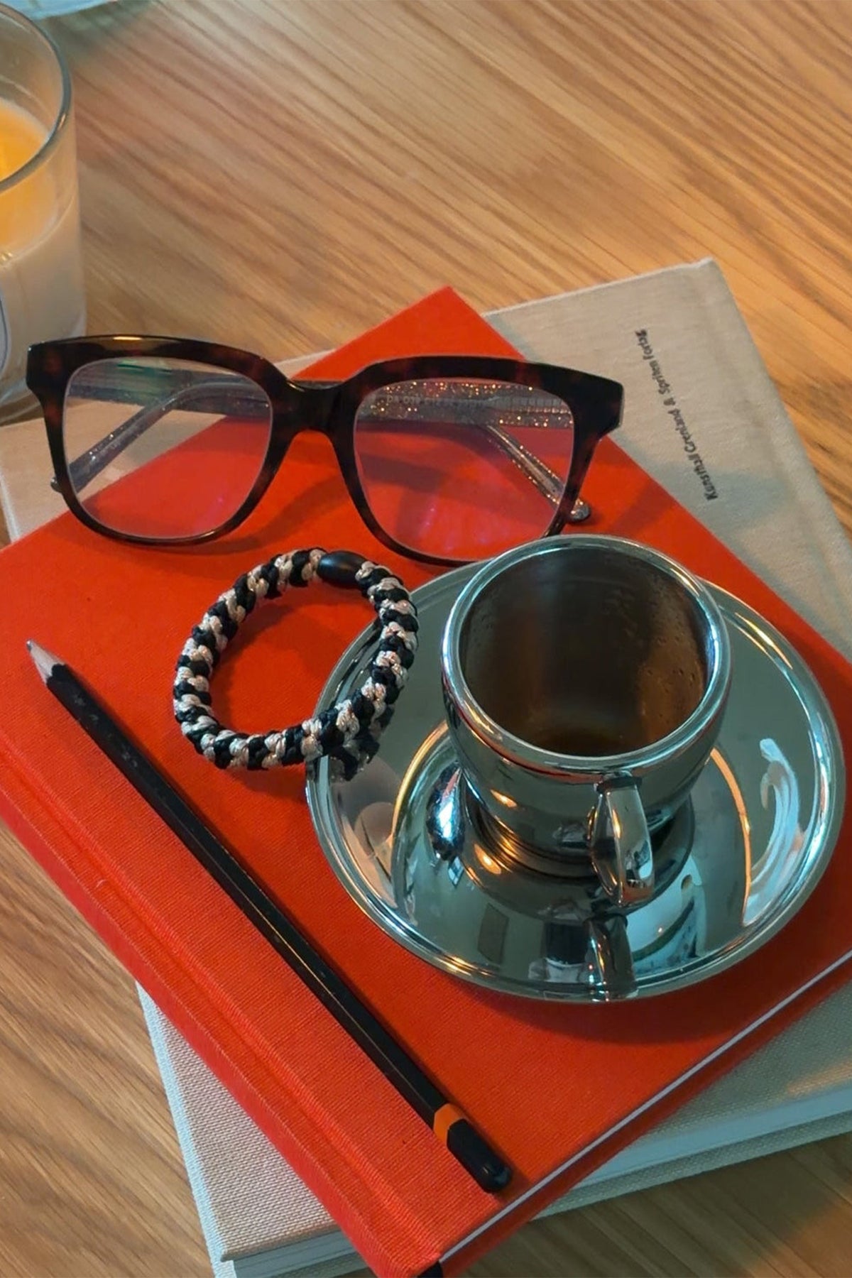KKNEKKI Black Beige Glitter Stripe Multicolour Hair Tie 1836, styled with glasses and coffee