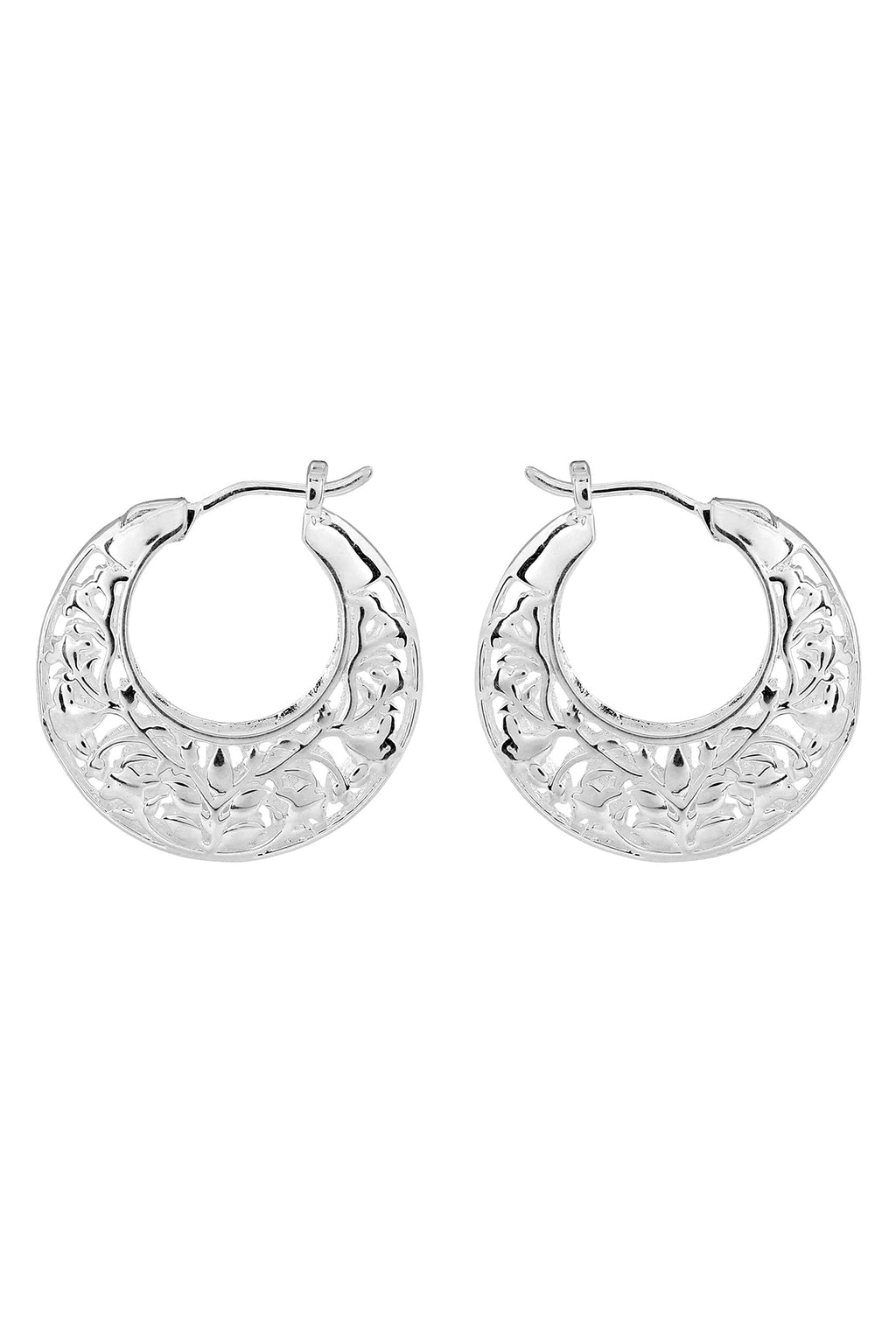 Pair of silver hoop earrings with intricate designs on a white background