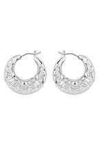 Pair of silver hoop earrings with intricate designs on a white background