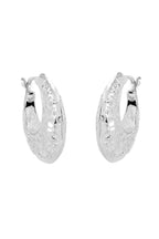 Silver hoop earrings with intricate designs on a white background