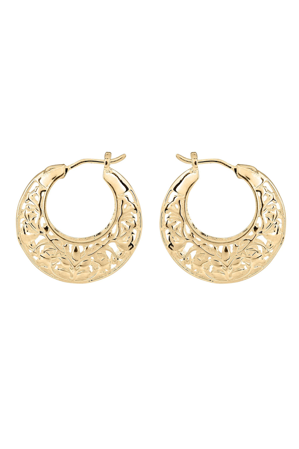 Gold hoop earrings with intricate designs on a white background