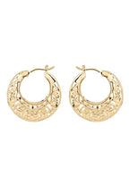 Gold hoop earrings with intricate designs on a white background