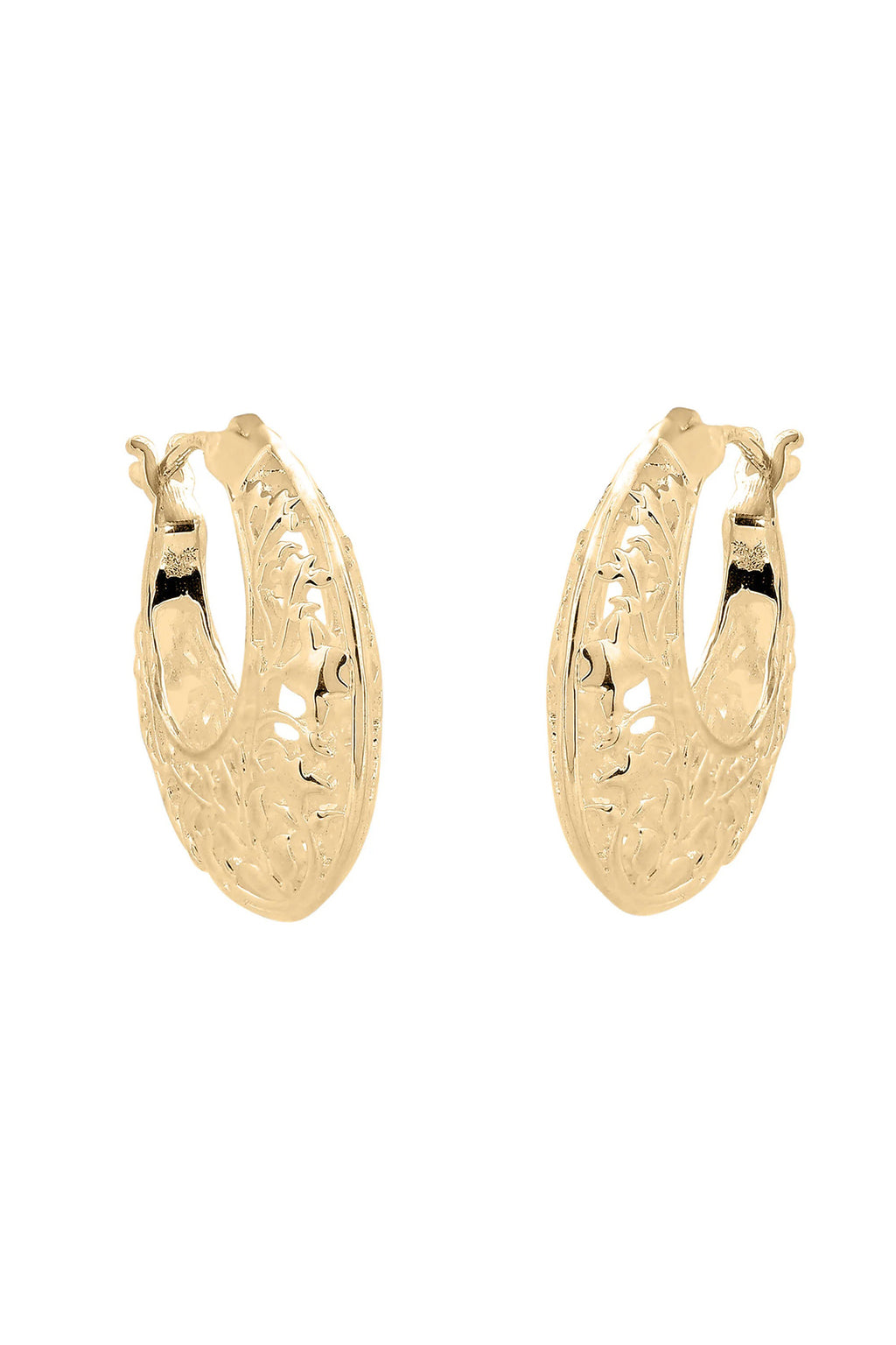 Gold hoop earrings with textured design on a white background