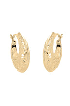 Gold hoop earrings with textured design on a white background