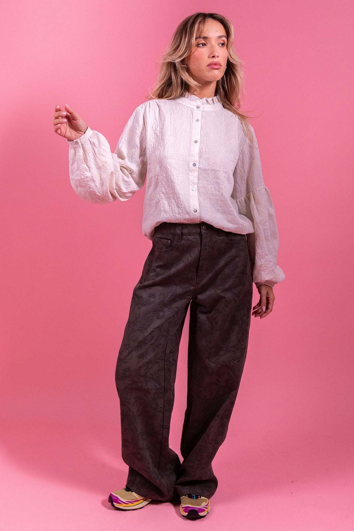 Laure + Max Blandine Off White Embroidered High Neck Blouse 26AH102, full-length front view