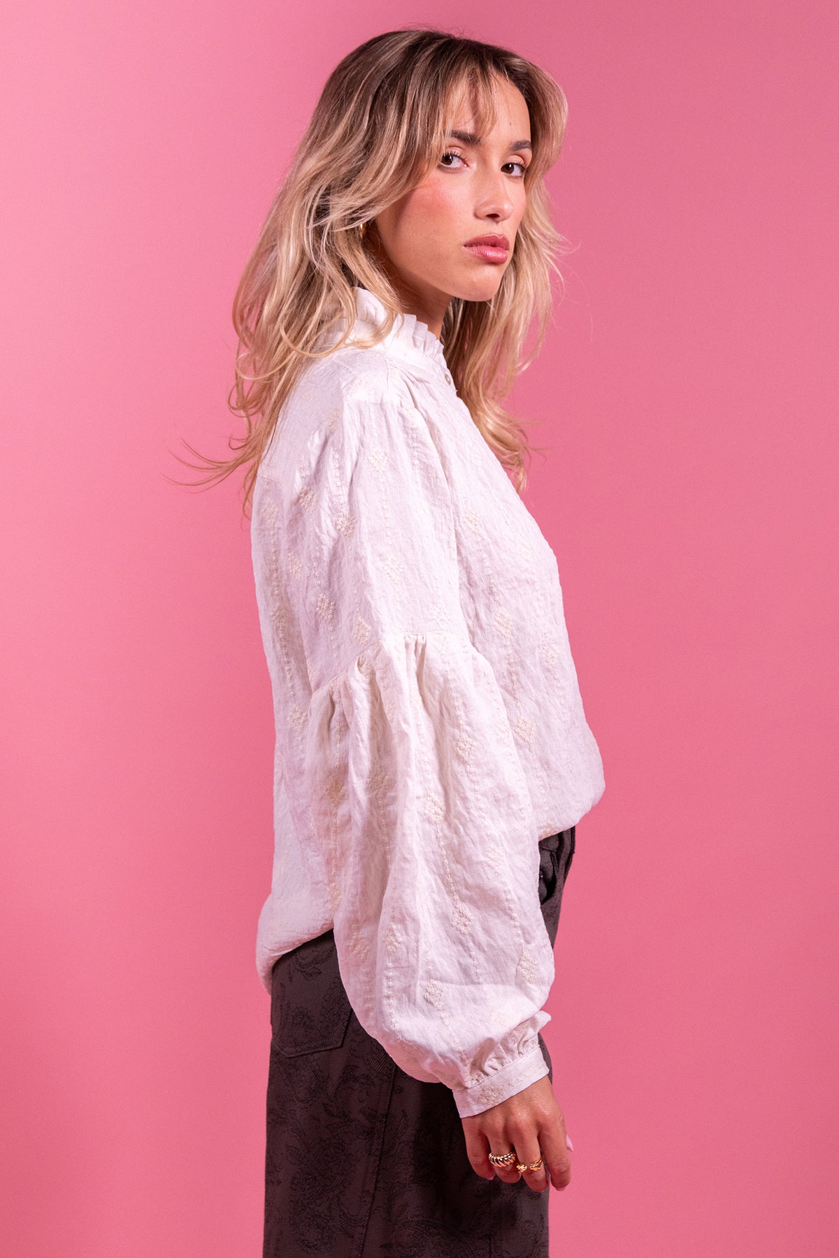 Laure + Max Blandine Off White Embroidered High Neck Blouse 26AH102, side view