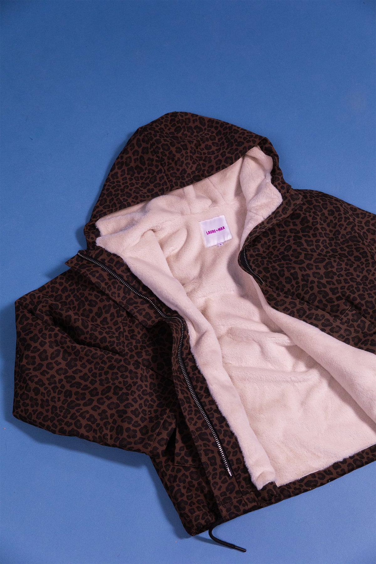 Laure + Max Guzmania Brown Leopard Print Jacket 26AH153, flat lay showing borg lining